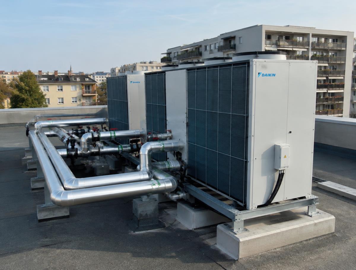 Pompes à chaleur air/eau sur le toit-terrasse d'un immeuble